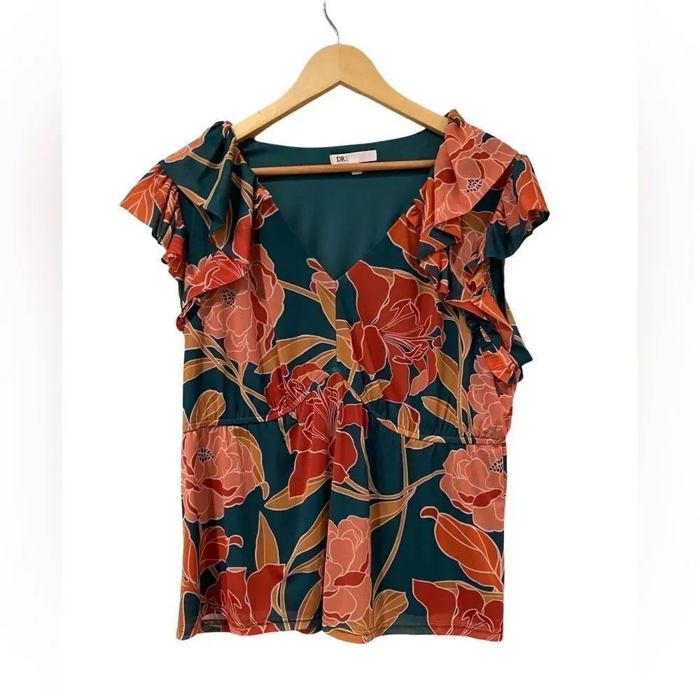 DR 2 Tropical Print Ruffle Sleeve Blouse